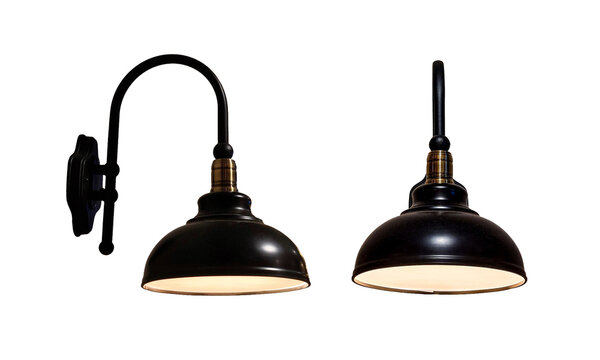 Vintage black industrial wall sconce lamp set with gooseneck arm in different angles side and front view isolated on transparent background PNG