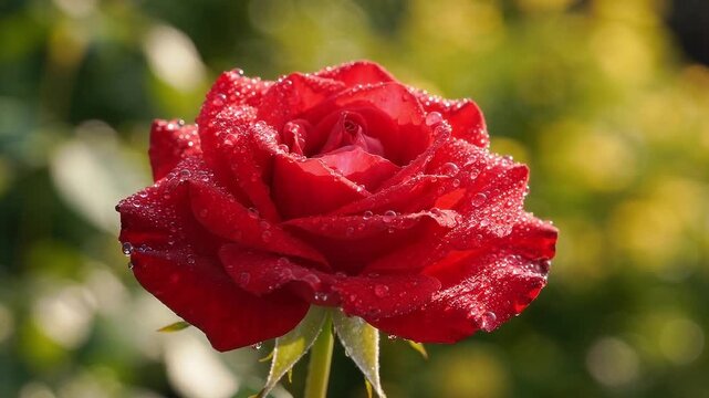 Close Up of Vibrant Red Rose Flower Blooming in Lush Green Garden