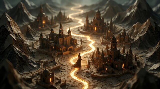 Fantasy Kingdom Model with Glowing Path and Mountains