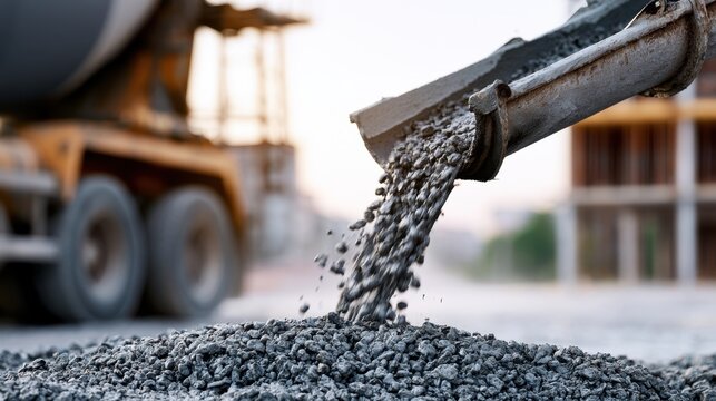 Fresh concrete being poured from chute onto ground at construction site with truck and building framework in the background during sunset