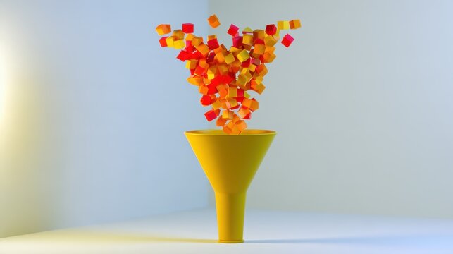 Yellow plastic funnel with floating colorful cubes against a white background