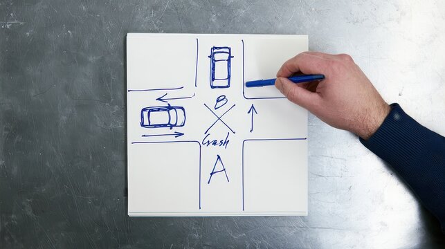 Hand drawing a car accident traffic intersection diagram on white paper
