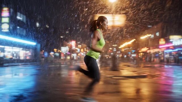Person Running Across Wet City Street at Night with Colorful Neon Reflections
