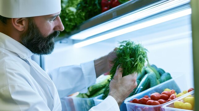 Professional chef selecting fresh herbs from a commercial refrigerator