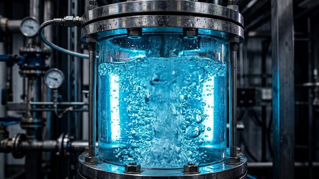 transparent industrial reactor tank with vigorously bubbling blue liquid, pressure gauges and pipes in a processing facility