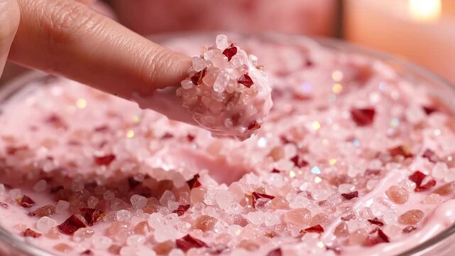 Close Up of Finger Touching Pink Cultured Meat Cellular Tissue or Cosmetic Hydrogel in Petri Dish