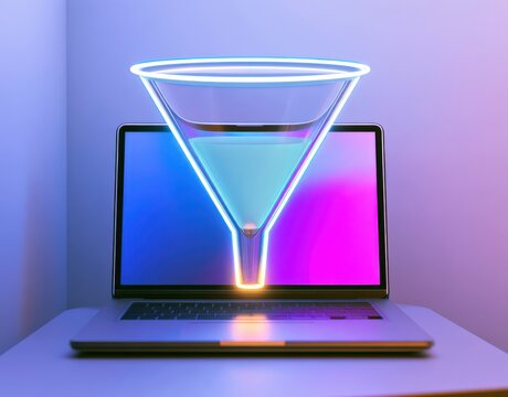 Neon sales funnel icon hovering over an open laptop with copy space