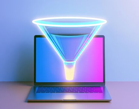 Open laptop with glowing neon sales funnel icon on screen for digital marketing