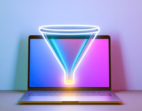 Open laptop displaying a glowing neon sales funnel on a desk with copy space