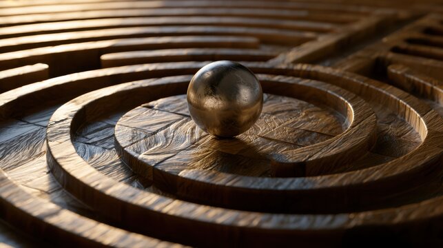Metallic sphere resting in the center of a carved wooden labyrinth symbolizing focus, challenges, and strategic navigation in a concept of problem-solving and s