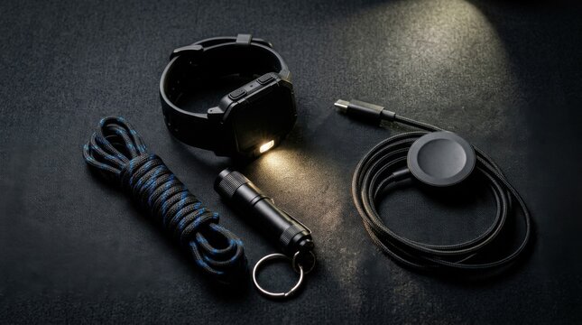 Flat-lay of nighttime wearable tech: LED flashlight smartwatch, keychain torch, charging puck and reflective paracord strap.