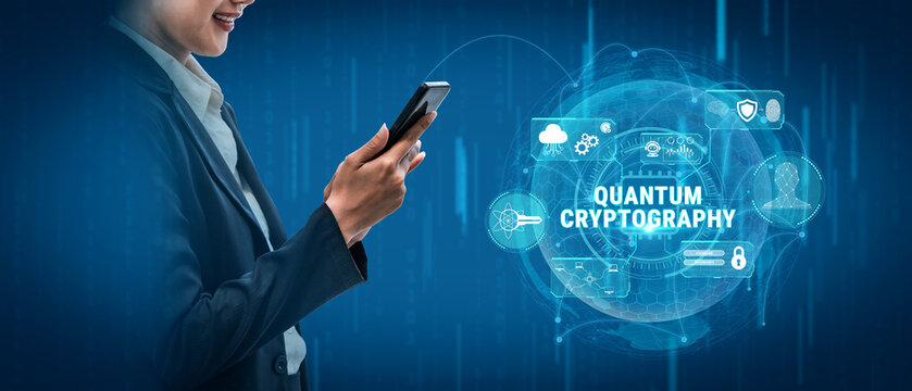 Businessperson Using Smartphone to Explore Quantum Cryptography Concepts with Futuristic Digital Graphics and Technology Elements in Background Fluxor.
