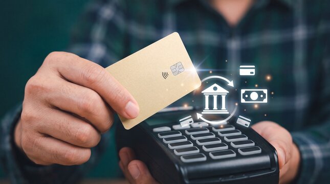 Close-up of a person's hand making a secure digital payment with a golden credit card on a modern point-of-sale terminal, symbolizing cashless transactions and innovative financial technology