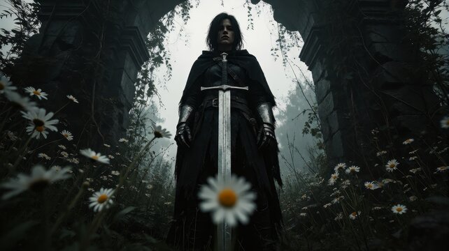 Female Knight Holding Greatsword in Overgrown Ruin with Daisies