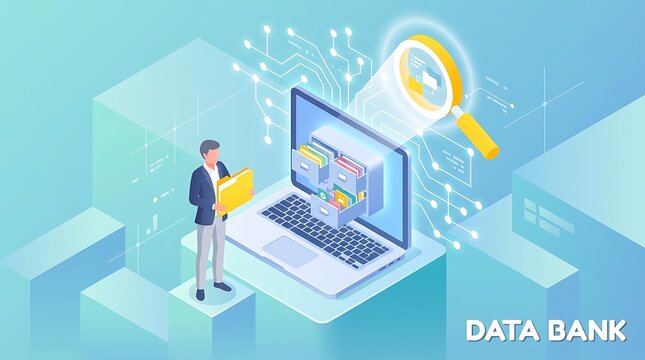 Data bank management illustration with professional organizing digital files on a laptop screen, 3D isometric business concept for cloud storage and information technology