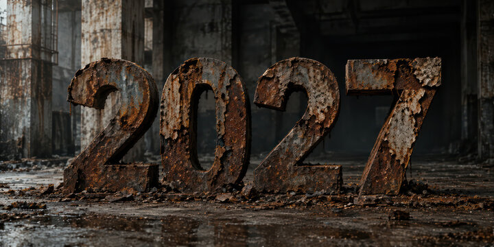 Rusty 2027 Numbers in Abandoned Factory Symbolizing Industrial Decline