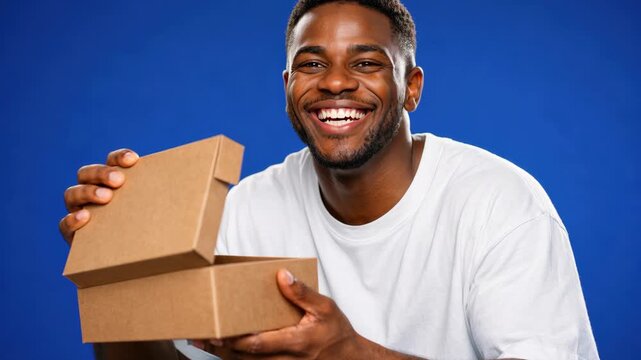 happy young black man opening cardboard delivery box and smiling at camera against blue studio background