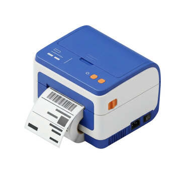 Compact thermal label printer printing barcode isolated on transparent