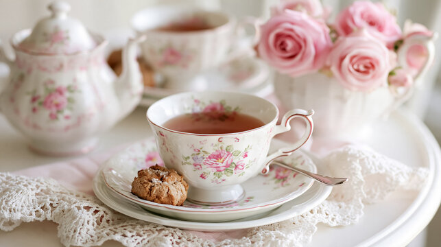 Vintage afternoon tea setting with delicate floral teacups, teapot, pink roses, lace tablecloth, and sweet cookie for a charming, elegant moment