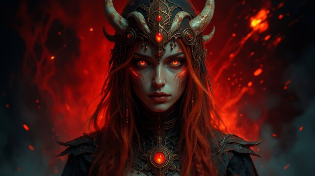 Fierce Horned Demon Queen with Glowing Red Eyes and Fiery Background