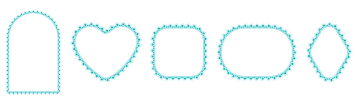 Teal cyan eyelet lace frames outline arch, heart, rounded square, oval plus diamond shapes with scalloped dotted trim isolated on white background vector art for spring wedding invitation labels.