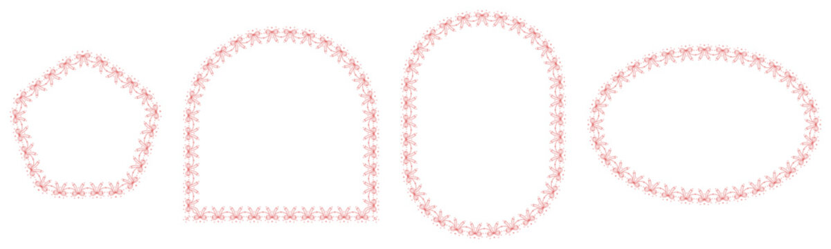 Pink double bow lace border frames outline pentagon, arch, oval plus ellipse shapes linked by delicate ribbon garland trim as coquette set isolated on white background for romantic wedding cards.