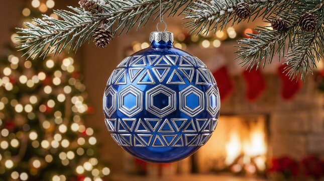 Blue and silver decorative christmas ornament hanging on tree