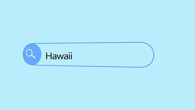 A digital search bar interface on a light blue background, with the text, query hawaii displayed, inside the input, field, featuring a, magnifying glass for, internet search and, web navigation tasks