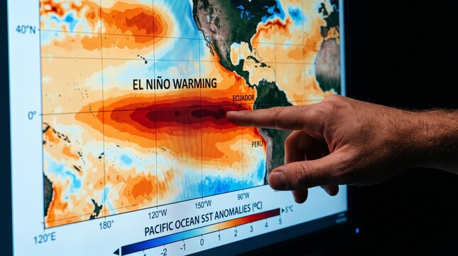 Scientist points to El Nino warming phenomenon on Pacific Ocean sea surface temperature anomaly map