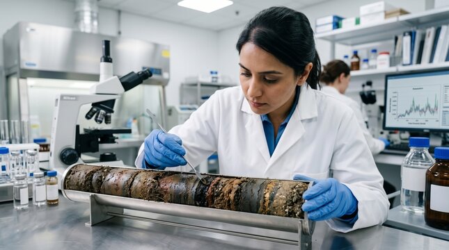 Scientist examines soil core sample in laboratory for climate change research studying El Nino effects on soil composition and layers
