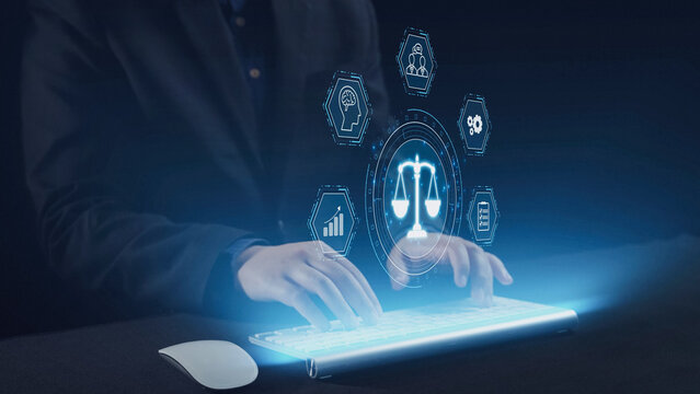 Futuristic digital law interface displaying justice scale, highlighting digital law, AI compliance, digital law systems, and digital law regulations for secure governance. Elide