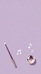 Obraz premium Flat vector magic wand with glowing star tip, floating music notes and glossy crystal orb on lavender background, minimal fantasy design for marketing and apps