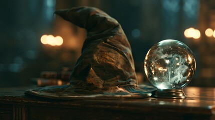 Fototapeta premium Worn pointed wizard hat beside glowing crystal ball with swirling mist and stars on vintage wooden desk, warm bokeh light, mystical magic study room setting
