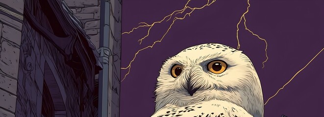 Fototapeta premium Comic style close up of white snowy owl with amber eyes, golden lightning bolts across purple sky beside dark castle stone wall, fantasy storytelling art