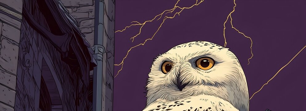 Comic style close up of white snowy owl with amber eyes, golden lightning bolts across purple sky beside dark castle stone wall, fantasy storytelling art