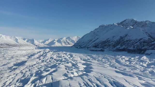Panoramic Winter Landscape of Glacial Snowfield and Snowy Mountain Range