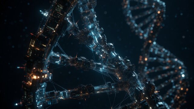 Futuristic DNA Double Helix Space Station in Cyberpunk Universe