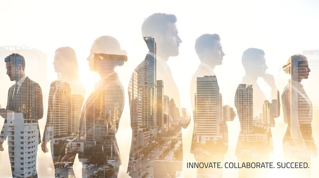 Business team silhouettes blend with city skyscrapers in double exposure.