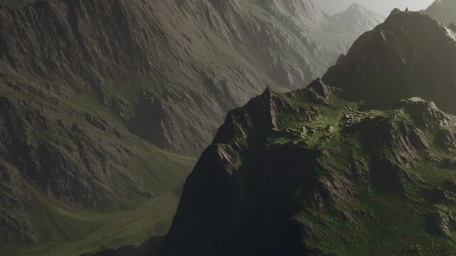 Rocky mountain terrain shows steep cliffs and patches of green plants. Sunlight highlights the natural shapes and colors of the landscape in the daytime.