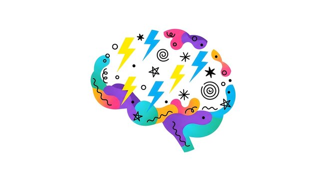 Colorful human brain concept design with abstract lightning bolts and mental activity symbols.