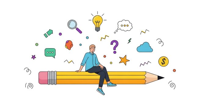 A man sitting on a giant pencil surrounded by creative idea symbols and icons.