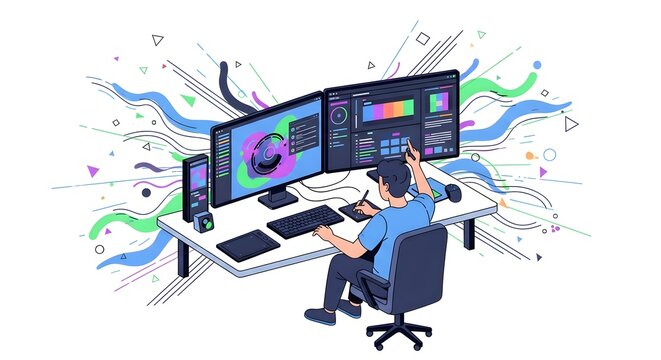 Graphic designer working at desk with dual screens and drawing tablet vector illustration.