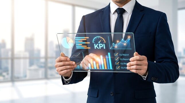 Businessman holding a futuristic transparent tablet displaying key performance indicator data.