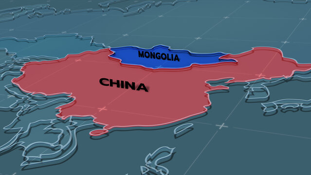 A stylized 3D political map highlighting Mongolia, and CHINA MAP, Mongolia map, 