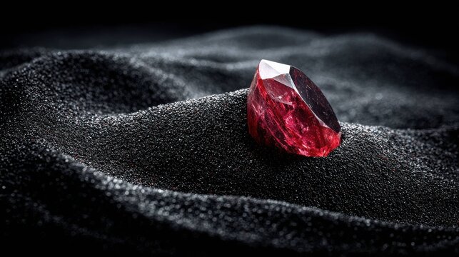 A deep red, faceted ruby gemstone resting on dark, textured sand, showcasing its brilliant luster and precious beauty.