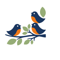 Fototapeta premium Three stylized birds on a branch with leaves