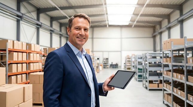 Professional Manager Holding Digital Tablet in Industrial Warehouse Facility for Logistics Management and Inventory Control Operations