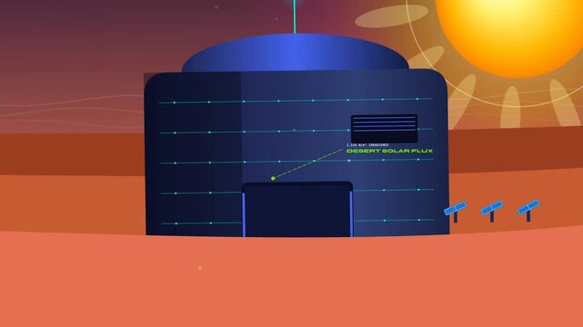 Futuristic desert aeroponics vertical farming animation with autonomous AI robots spraying nutrients on golden wheat crops inside a hermetic bio-dome under solar flux