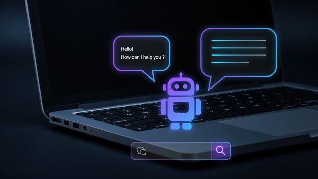 Artificial intelligence chatbot interface on a laptop screen with glowing neon speech bubbles, virtual assistant technology, and digital communication concept