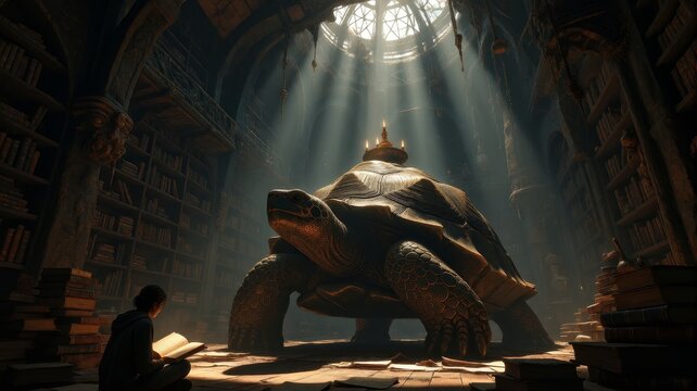 Giant Turtle in Ancient Library with Sunlight Streaming Through Dome